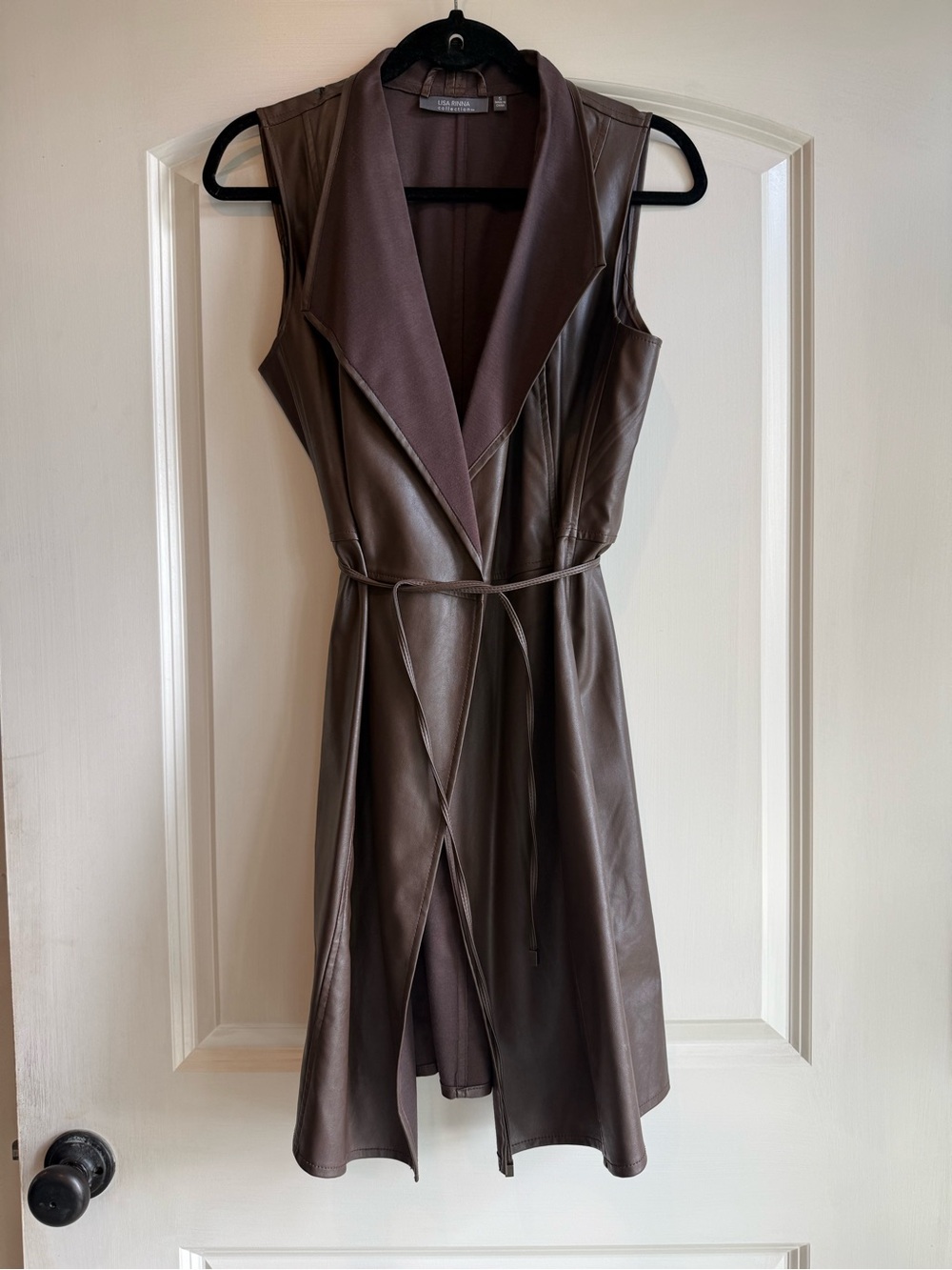 Lisa Rinna Collection Brown Sleeveless Faux Leather Wrap Vest.